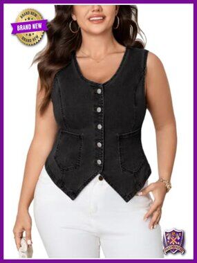 Womens Plus Size Denim Vest Sleeveless V Neck Button Down Cropped Jean Waistcoat